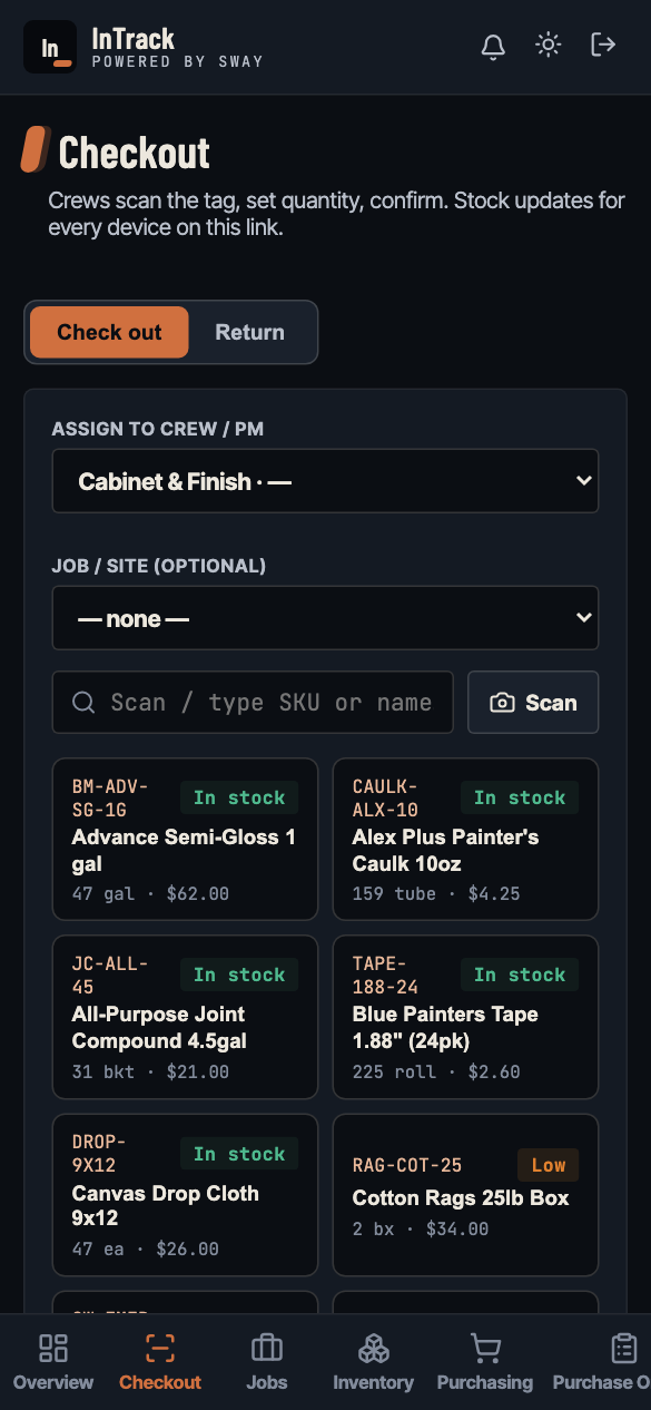 InTrack checkout on a crew member's phone: assign to crew and job, scan or search a SKU, tap to check materials out.