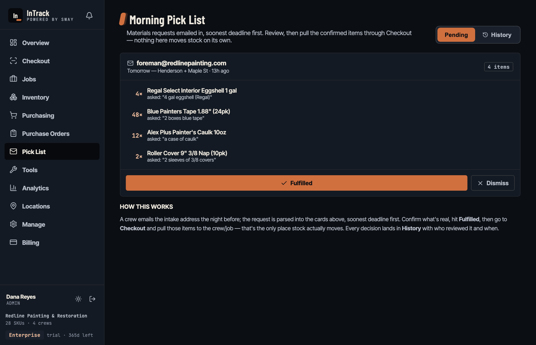 InTrack Morning Pick List: a materials request emailed in plain English, parsed into line items matched against the catalog.